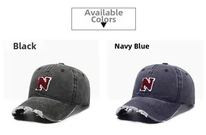 Close-up of distressed denim baseball caps in black and navy with N towel embroidery