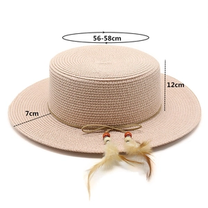 Flat top boater hat details showing wood beads, feathers, and dimensions 56-58cm