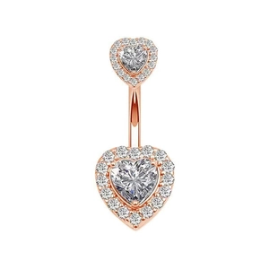 Detailed view of rose gold navel ring with double heart-shaped cubic zirconia crystals