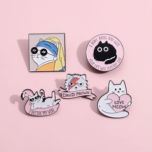 Set of 5 cartoon cat enamel pins featuring pearl earrings and artistic parody designs