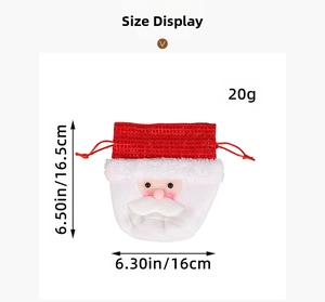Size details of Santa Claus drawstring gift bag made from red fabric and white plush