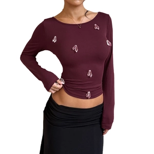 Slim fit burgundy long sleeve top with pink 3D crystals and ribbed crop cut