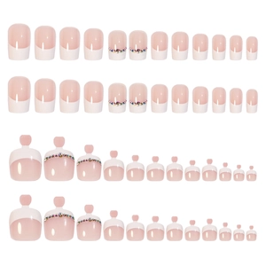 French tip press-on nail set for fingers and toes with pink base and rhinestones