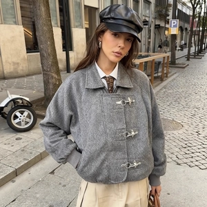 Chaqueta Vintage Holgada Para Mujer Hebilla De Metal Solapa Sensación De Lana Abrigo Manga Larga Streetwear Gris