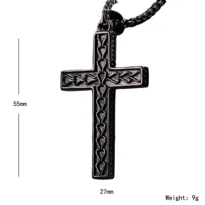 Retro black stainless steel cross pendant necklace with heart pattern 55mm x 27mm