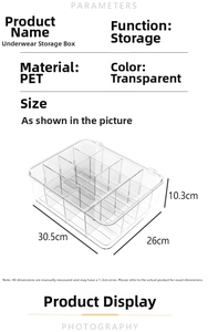 Detailed size parameters of transparent 15-cell PET underwear organizer box