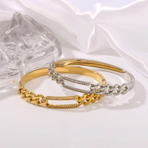 Gold and silver hollow chain link bracelets with sparkling rectangular diamond accents