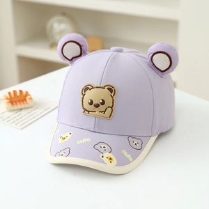 Detail of purple toddler baseball cap featuring 3D bear ears and cute printed brim
