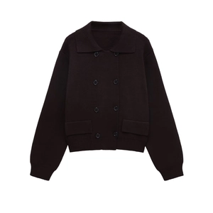 Veste cardigan en maille pour femme avec col à revers et double boutonnage marron