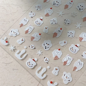 3D relief Christmas nail stickers featuring cute polar bear, snowman and white snowflakes