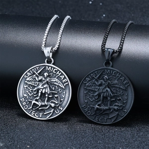 Saint Michael stainless steel protector medal necklaces in silver and black metal finishes