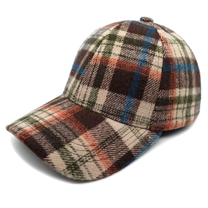 Detail of classic plaid wool baseball cap showing thick autumn fabric texture and seams