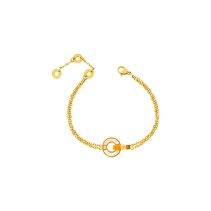 Elegant gold double-chain bracelet with a white shell circle pendant and tiny diamond accent