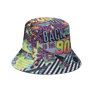 Close-up of retro bucket hat with Back to the 90s print and colorful disco elements
