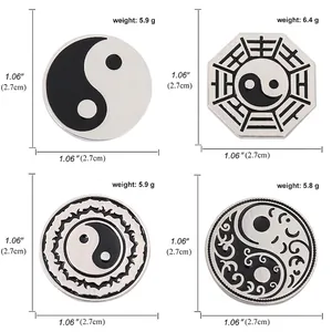 Traditional Tai Chi Yin Yang Bagua brooches showing size details and alloy specifications