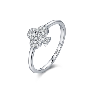 S925 sterling silver ring with sparkling clover moissanite design on white background