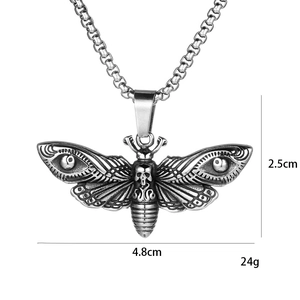 Gothic stainless steel skull moth necklace with vintage finish and dimensions shown