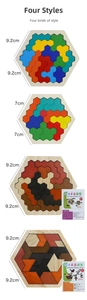 Detailed comparison of four hexagonal wooden puzzles in vibrant colors and wood grain finishes