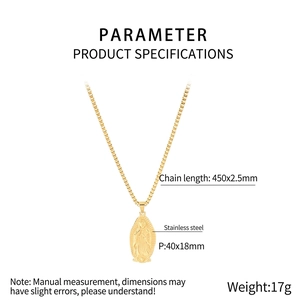 Detailed specs of stainless steel Virgin Mary pendant necklace with dimensions and weight