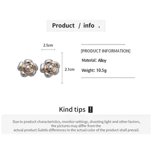 Size guide for floral silver needle earrings showing dimensions 2.5cm by 2.1cm alloy studs