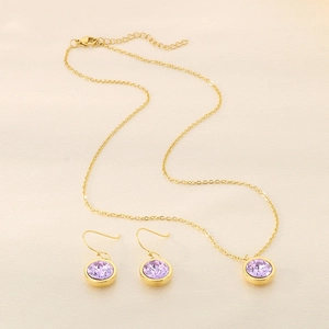 Elegant gold stainless steel jewelry set with round purple zircon pendant and earrings