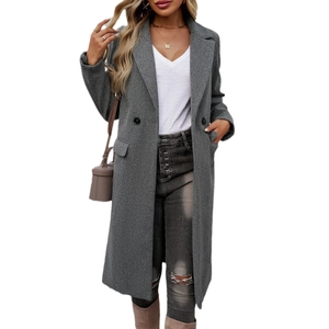Women's long grey wool coat with double-breasted buttons and classic lapel collar