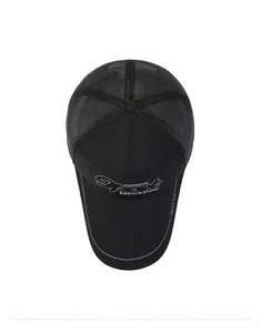 Detail view of breathable black mesh baseball cap with reflective trim and embroidery