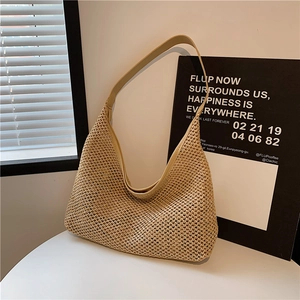 Woven Straw Hobo Shoulder Bag With PU Leather Trim Large Capacity Underarm Handbag Vintage Casual For Women