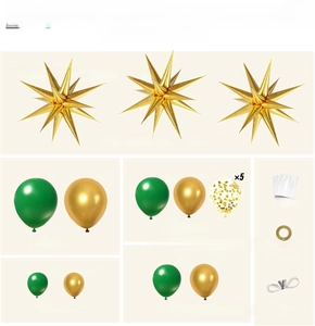 Detail showing 125pcs dark green and gold balloon garland kit with sizes and accessories