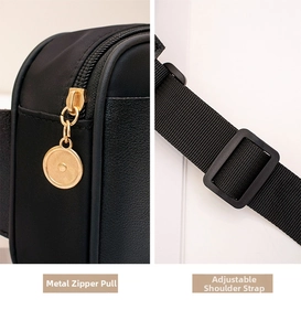 Detail of golden metal zipper and adjustable woven shoulder strap on black bag