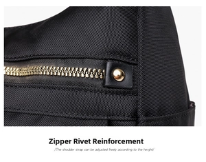 Close-up of golden metal zipper and rivet reinforcement on black nylon shoulder bag