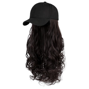 Long wavy brown synthetic wig attached to a stylish black baseball cap for women