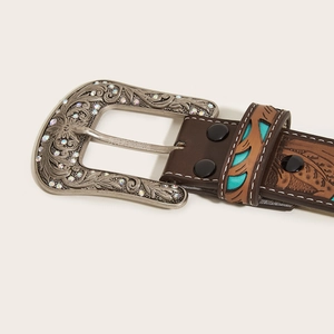 Western-Ledergürtel in Braun mit Türkis-Inlay und silberner Strass-Schnalle
