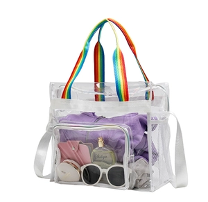 Detail of transparent PVC beach bag with rainbow straps and side mesh storage pocket