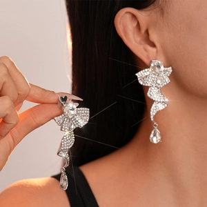 Luxury Long Tassel Dangle Earrings Alloy Rhinestone Crystal With 925 Sterling Silver Earring Post Elegant Women Formal