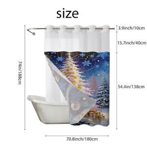 Christmas theme hookless shower curtain with waterproof fabric and size chart details