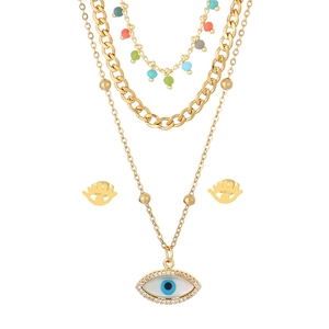 Multilayer gold stainless steel evil eye necklace and heart pendant earring set