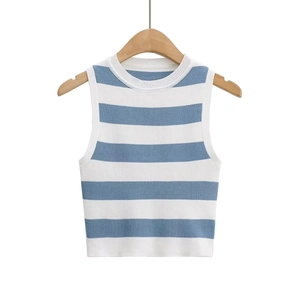 Detail shot of blue and white striped knit fabric and collar of the sleeveless vest