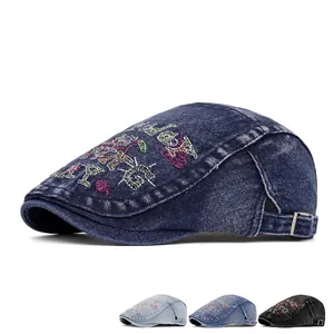 Retro denim newsboy cap with graffiti embroidery and adjustable side metal buckle