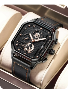 Detail of quartz watch featuring black textured dial with rose gold sub-dials and accents