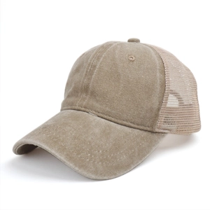 Washed khaki mesh trucker hat with breathable fabric and vintage baseball cap style