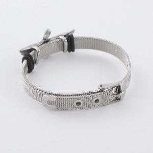 Gothic silver stainless steel mesh bracelet with watch-style needle buckle and black rings