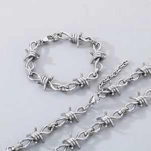 Barbed Wire Necklace And Bracelet Stainless Steel Punk Hip Hop Thorn Chain Jewelry For Men Silver