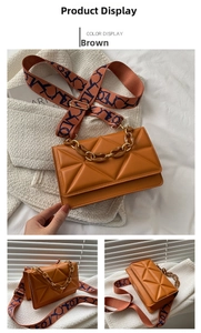 Detail view of brown bag with geometric triangle quilting and bold wide strap