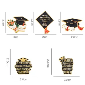 Set of graduation enamel pins featuring doctor hat and rose in black and gold alloy
