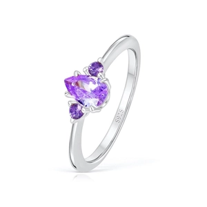 Macro shot of S925 silver ring featuring purple pear-cut and round crystal stones