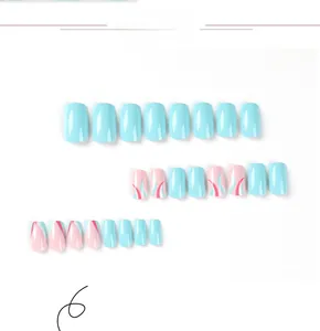 Detailed view of light blue and pink wavy press on nails in a square shape set