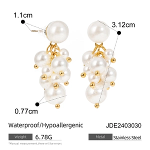 Golden stainless steel pearl drop earrings with dimensions 3.12cm x 1.1cm for women