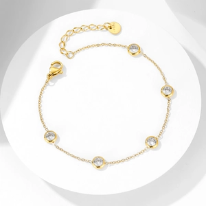 Elegant gold plated stainless steel bracelet featuring five sparkling round zircon stones
