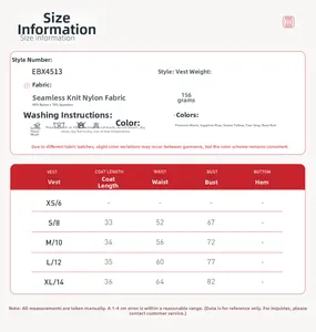 Detailed size chart for seamless yoga bra showing fabric blend and measurements